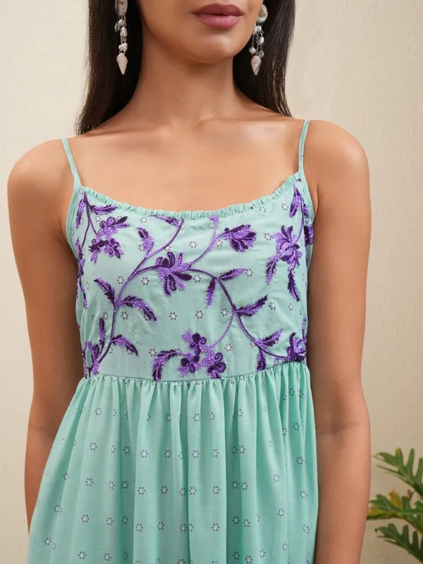 Vishudh Women Green Embroidered Fit and Flare Dress