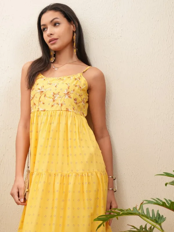Vishudh Women Yellow Embroidered Fit and Flare Dress