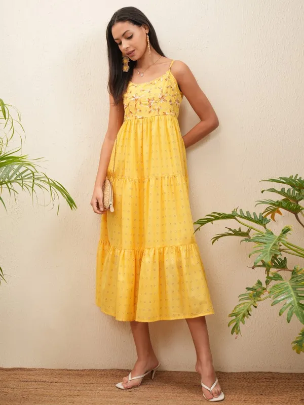 Vishudh Women Yellow Embroidered Fit and Flare Dress
