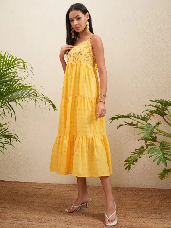Vishudh Women Yellow Embroidered Fit and Flare Dress