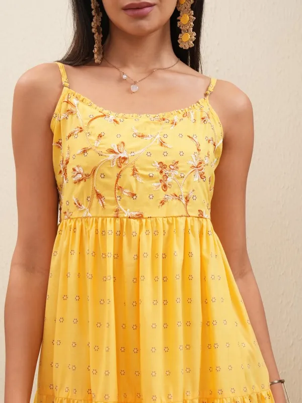 Vishudh Women Yellow Embroidered Fit and Flare Dress