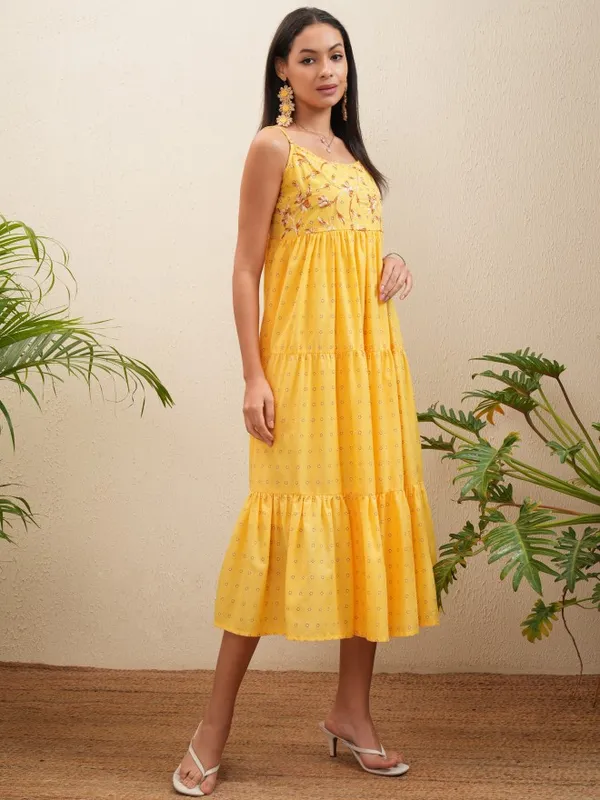 Vishudh Women Yellow Embroidered Fit and Flare Dress