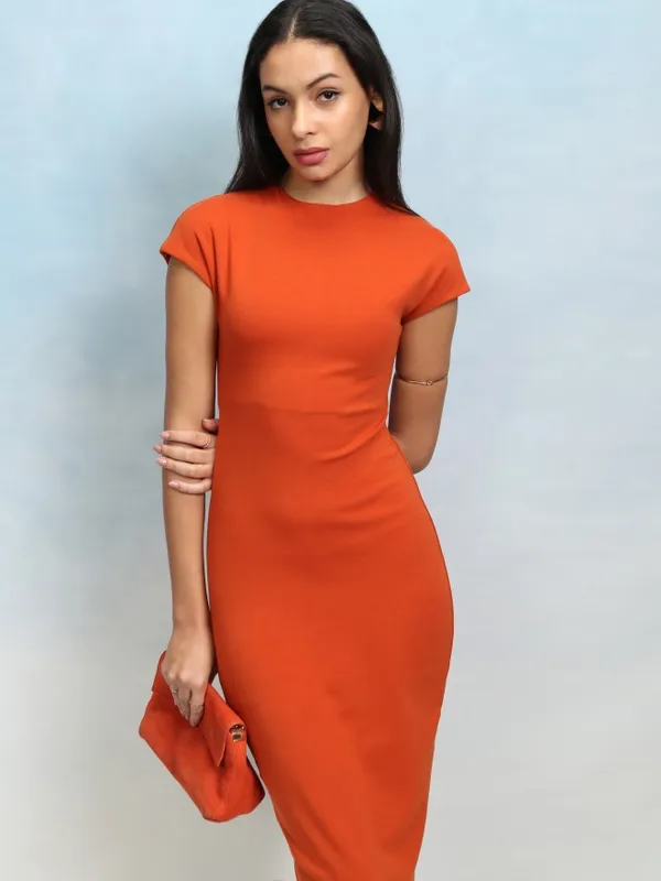 Tokyo Talkies Women Rust Solid Bodycon Dress