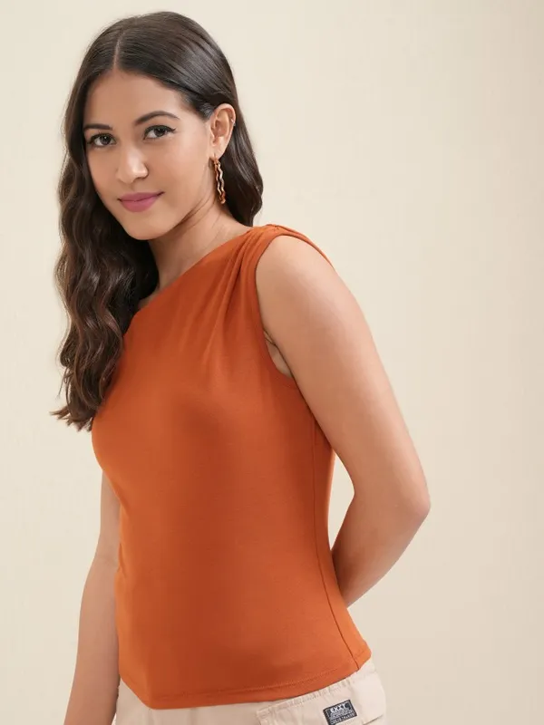 Tokyo Talkies Women Rust Solid Fitted Top