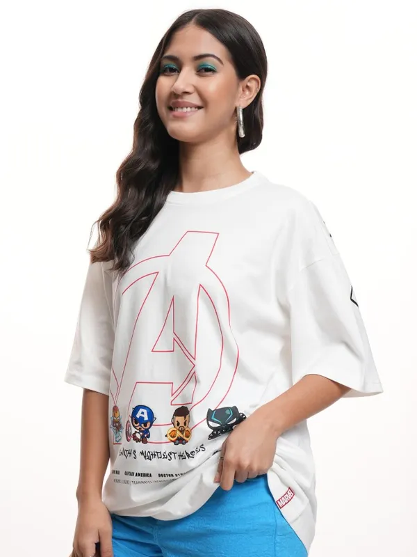 Marvel By Tokyo Talkies Women White Avengers Printed Oversized Fit T-Shirt