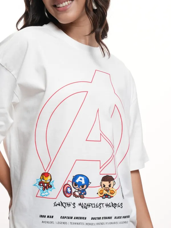Marvel By Tokyo Talkies Women White Avengers Printed Oversized Fit T-Shirt