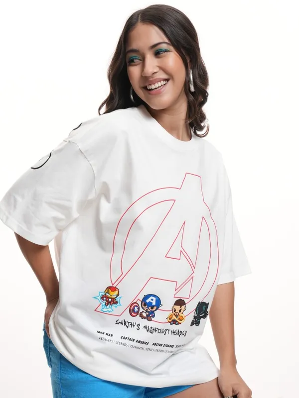 Marvel By Tokyo Talkies Women White Avengers Printed Oversized Fit T-Shirt