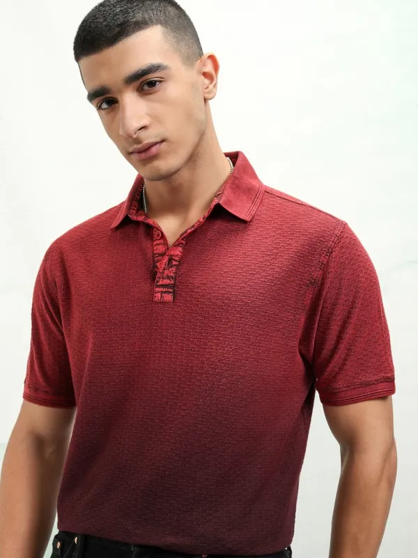Highlander Men Red Self Design Polo Collar T-Shirt