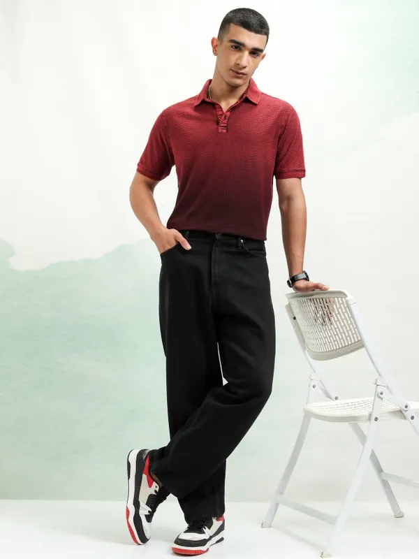 Highlander Men Red Self Design Polo Collar T-Shirt