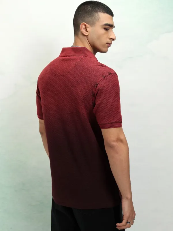 Highlander Men Red Self Design Polo Collar T-Shirt