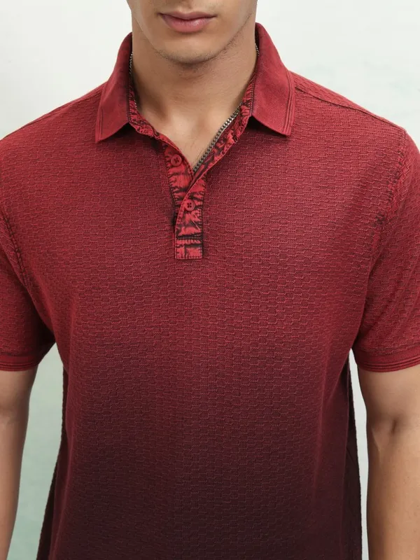 Highlander Men Red Self Design Polo Collar T-Shirt