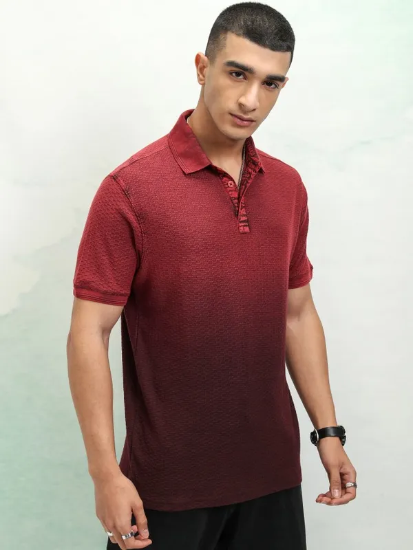 Highlander Men Red Self Design Polo Collar T-Shirt