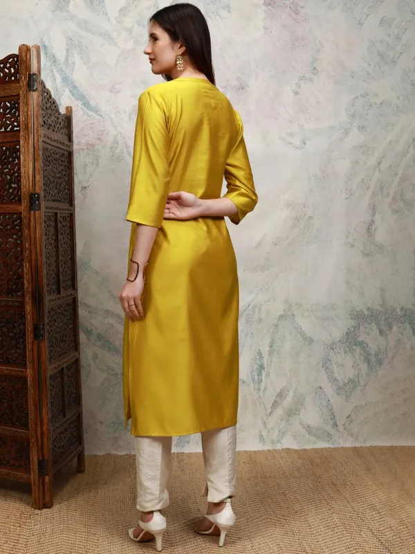Vishudh Women Mustard Embroidered Straight Kurta
