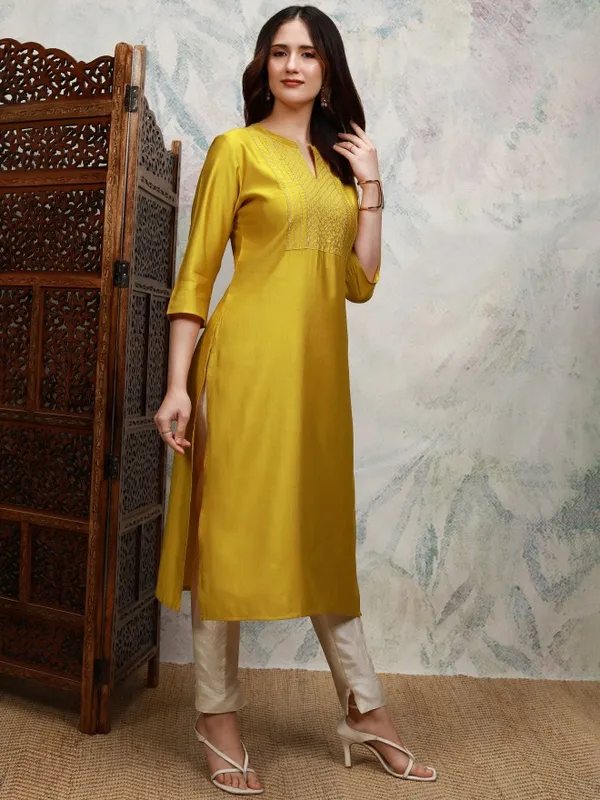 Vishudh Women Mustard Embroidered Straight Kurta