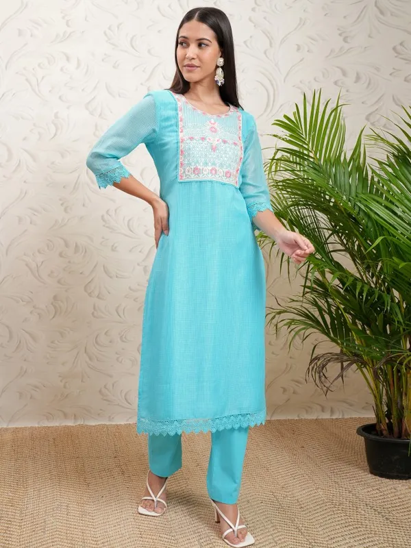 Vishudh Women Blue Embroidered Kurta With Trousers
