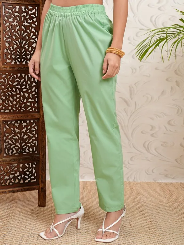 Vishudh Women Green Embroidered Kurta With Trousers