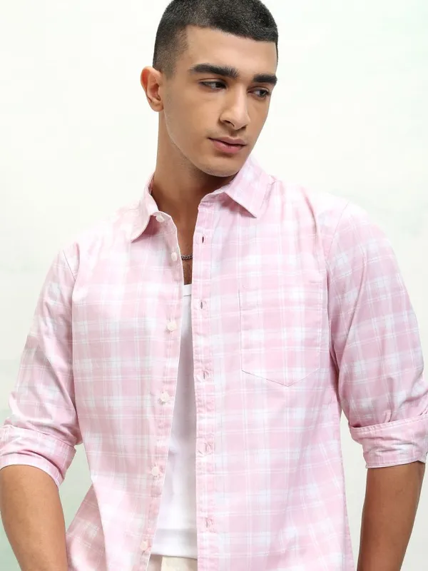 Ketch Men Pink Checked Slim Fit Casual Shirt