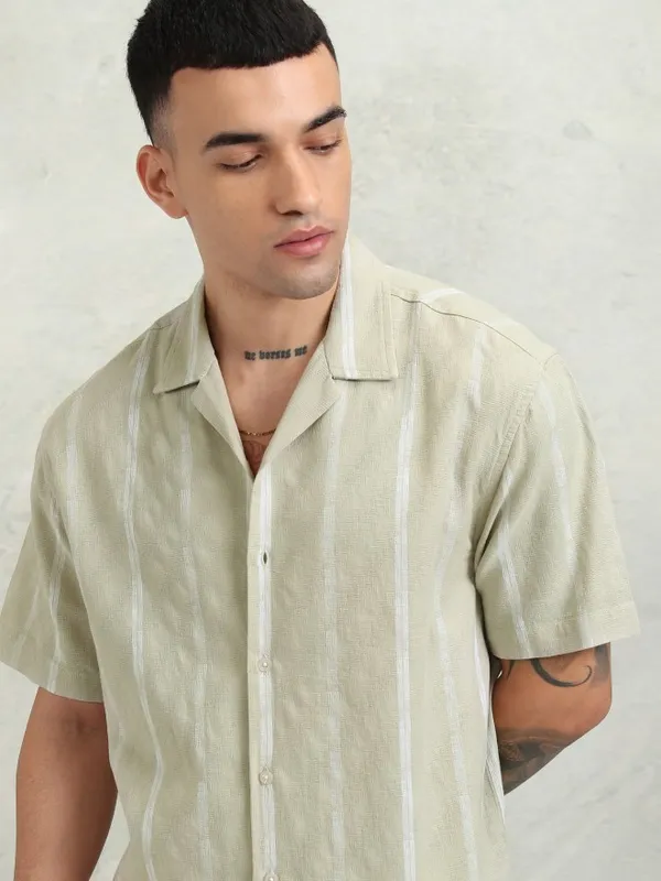 Highlander Men Khaki Striped Relaxed Fit Casual Shirt