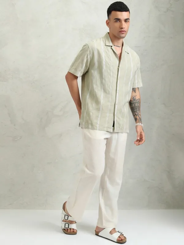 Highlander Men Khaki Striped Relaxed Fit Casual Shirt