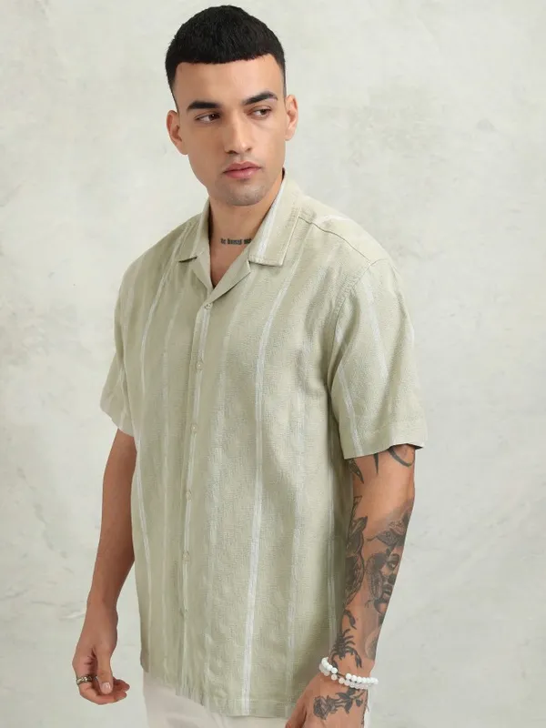 Highlander Men Khaki Striped Relaxed Fit Casual Shirt