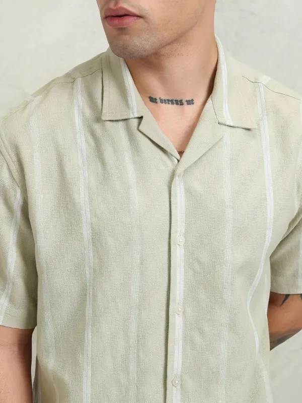 Highlander Men Khaki Striped Relaxed Fit Casual Shirt