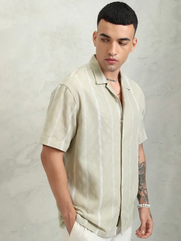 Highlander Men Khaki Striped Relaxed Fit Casual Shirt