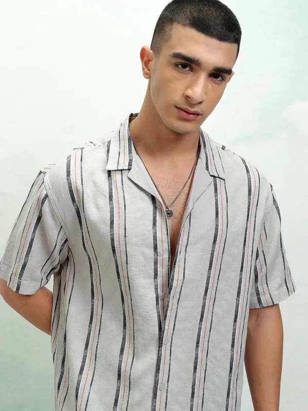 Highlander Men Grey Striped Relaxed Fit Casual Shirt