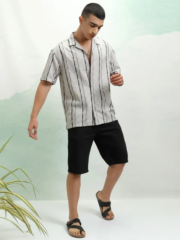 Highlander Men Grey Striped Relaxed Fit Casual Shirt