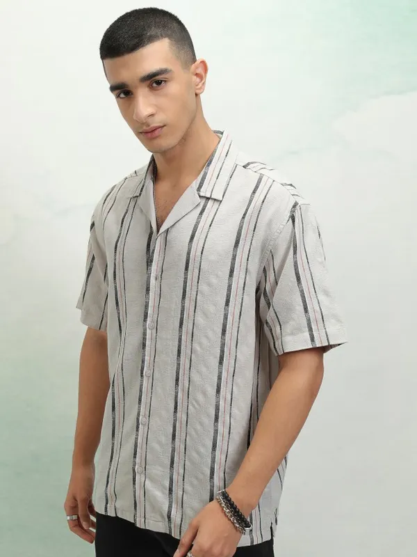 Highlander Men Grey Striped Relaxed Fit Casual Shirt