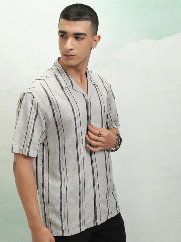 Highlander Men Grey Striped Relaxed Fit Casual Shirt