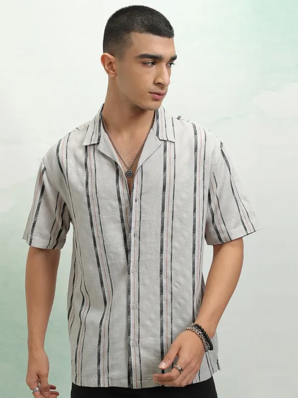 Highlander Men Grey Striped Relaxed Fit Casual Shirt