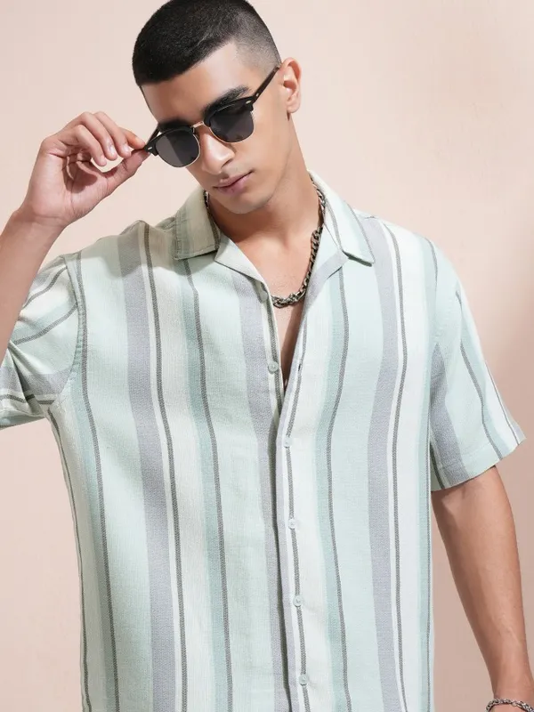 Highlander Men Green Striped Relaxed Fit Casual Shirt