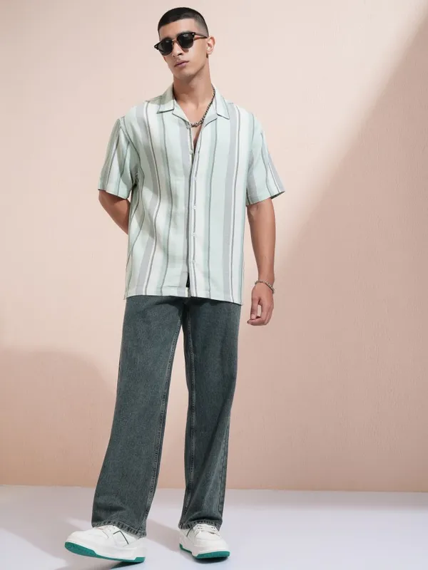 Highlander Men Green Striped Relaxed Fit Casual Shirt