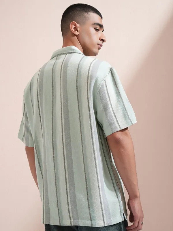 Highlander Men Green Striped Relaxed Fit Casual Shirt