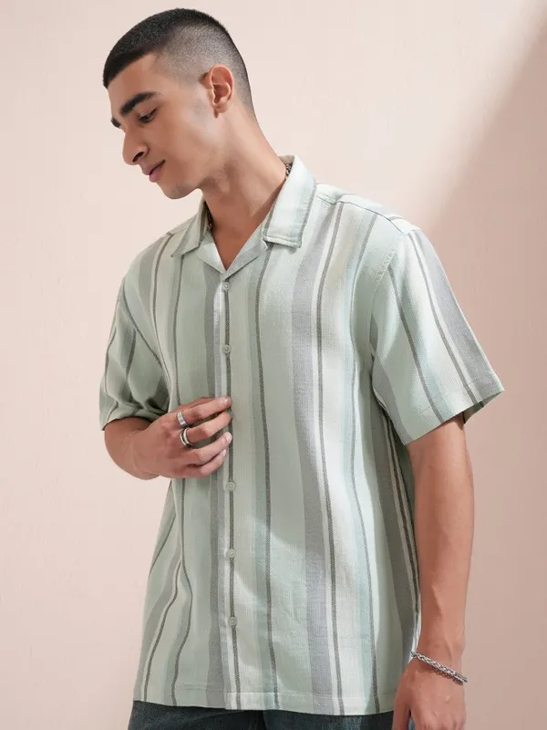 Highlander Men Green Striped Relaxed Fit Casual Shirt