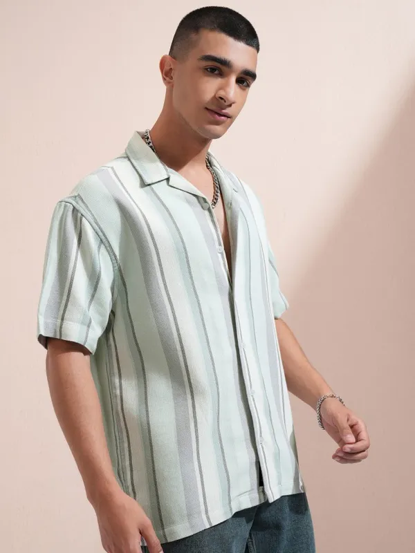 Highlander Men Green Striped Relaxed Fit Casual Shirt