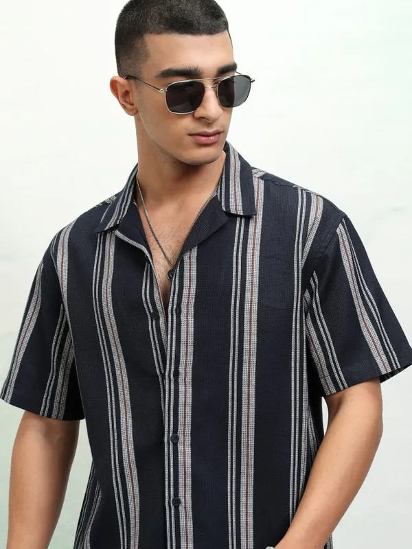 Highlander Men Navy Blue Striped Relaxed Fit Casual Shirt