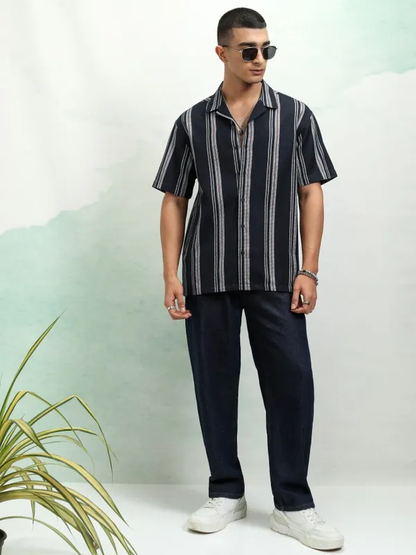 Highlander Men Navy Blue Striped Relaxed Fit Casual Shirt