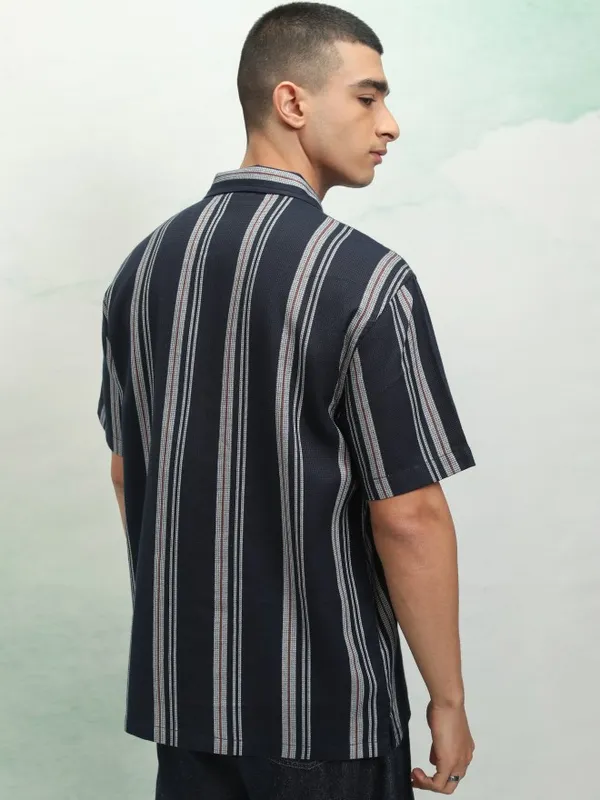 Highlander Men Navy Blue Striped Relaxed Fit Casual Shirt