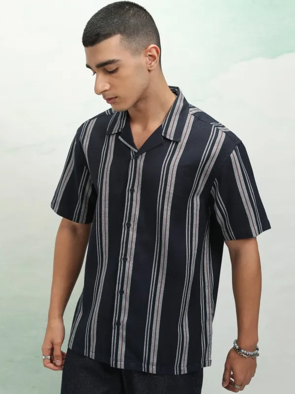 Highlander Men Navy Blue Striped Relaxed Fit Casual Shirt