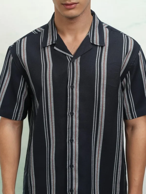 Highlander Men Navy Blue Striped Relaxed Fit Casual Shirt