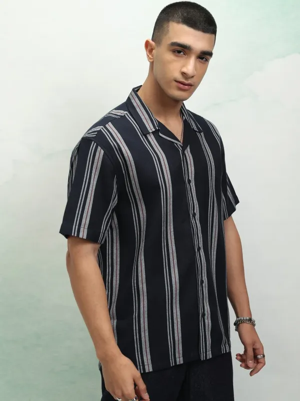 Highlander Men Navy Blue Striped Relaxed Fit Casual Shirt