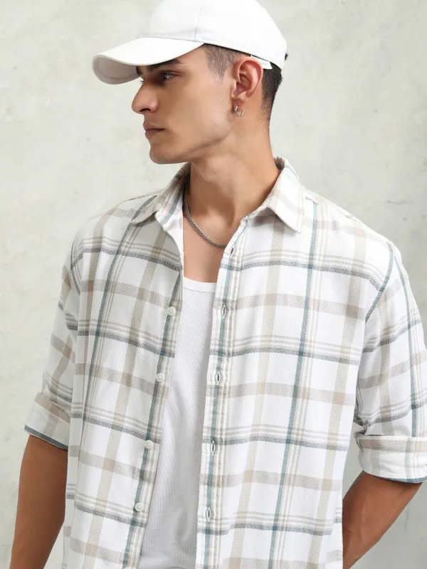 Highlander Men White Checked Oversized Fit Casual Shirt