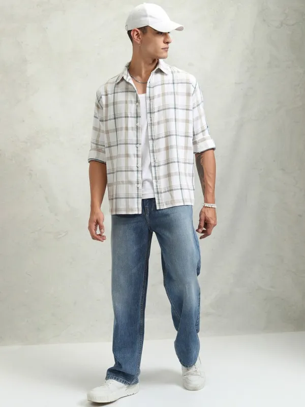 Highlander Men White Checked Oversized Fit Casual Shirt