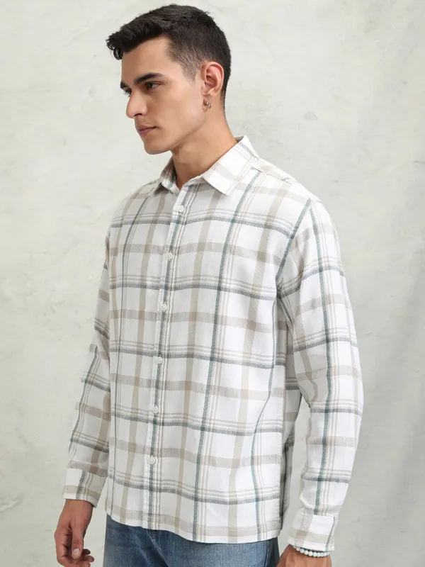Highlander Men White Checked Oversized Fit Casual Shirt