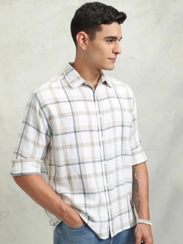 Highlander Men White Checked Oversized Fit Casual Shirt