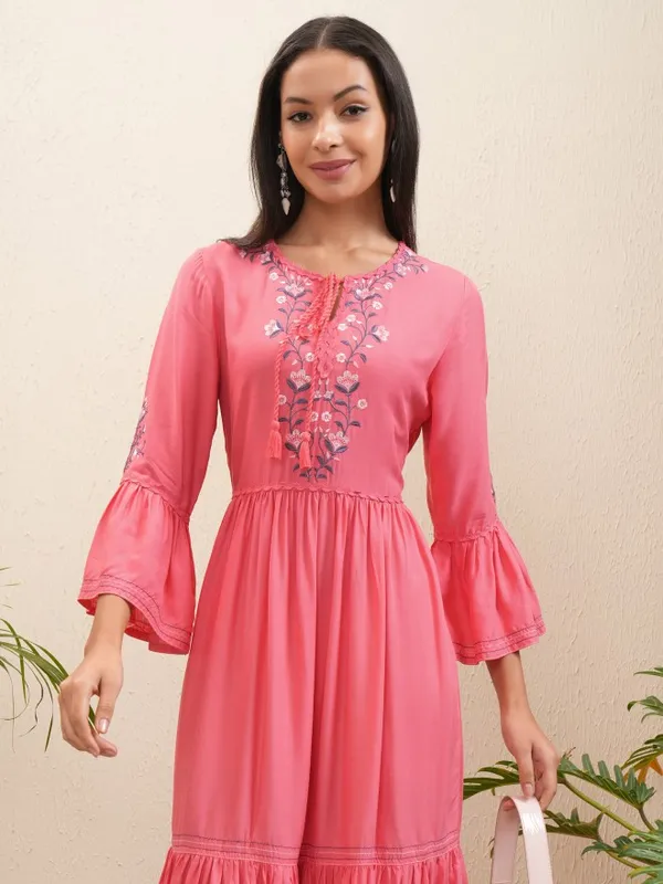 Vishudh Women Coral Embroidered Fit and Flare Dress