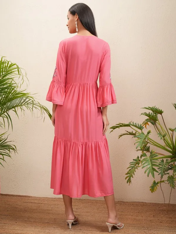 Vishudh Women Coral Embroidered Fit and Flare Dress