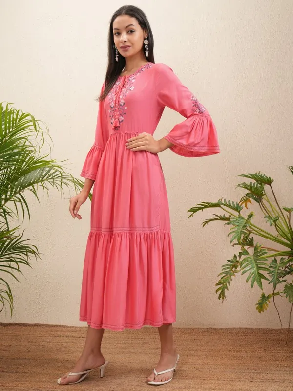 Vishudh Women Coral Embroidered Fit and Flare Dress