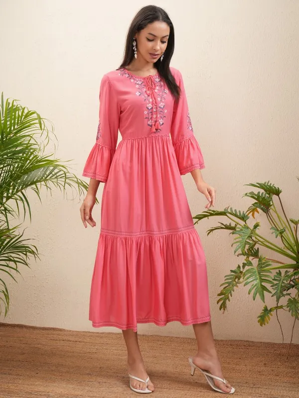 Vishudh Women Coral Embroidered Fit and Flare Dress